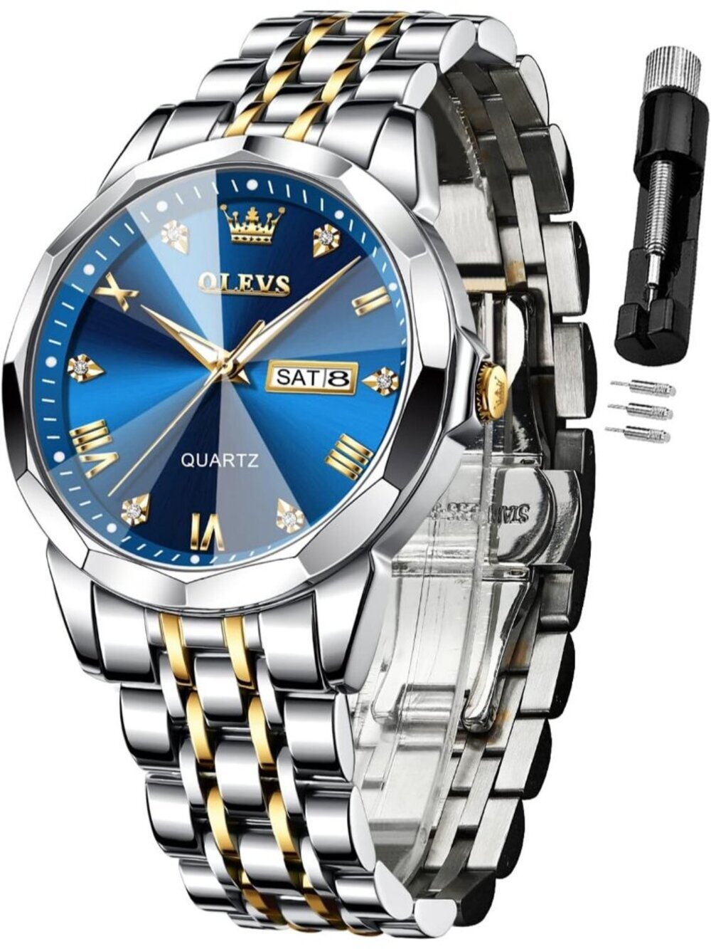 Mens Blue Diamond Analog Quartz Stainless Waterproof Luminous Round Wooden Watch